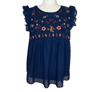 Altar’d State Floral Embroidered  Navy Blue Blouse. Size Large. Great Condition!